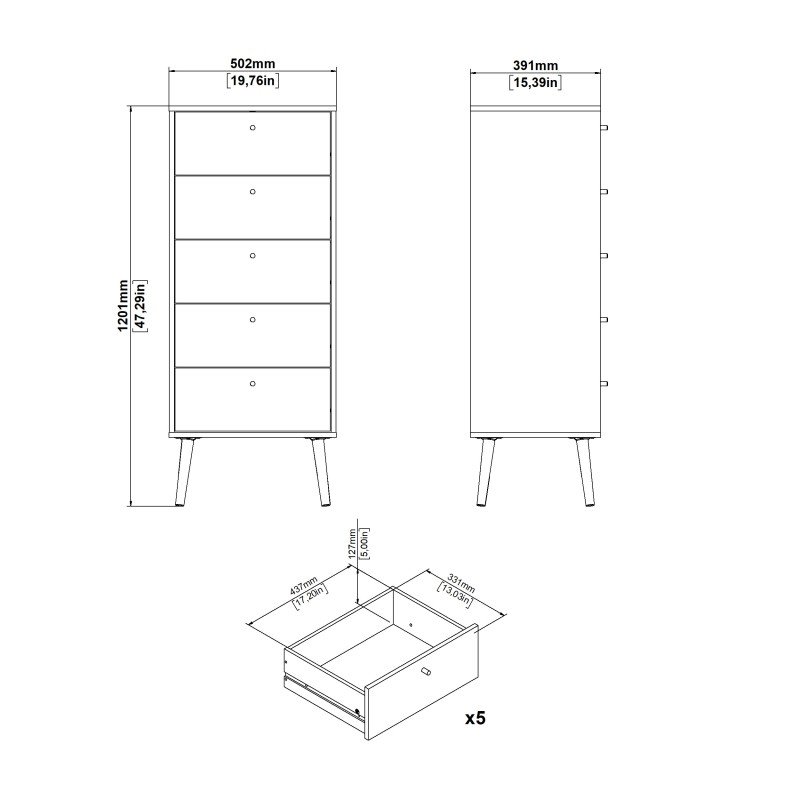 Bodo συρταριέρα ψηλή με 5 συρτάρια  50x39x120εκ Γκρι