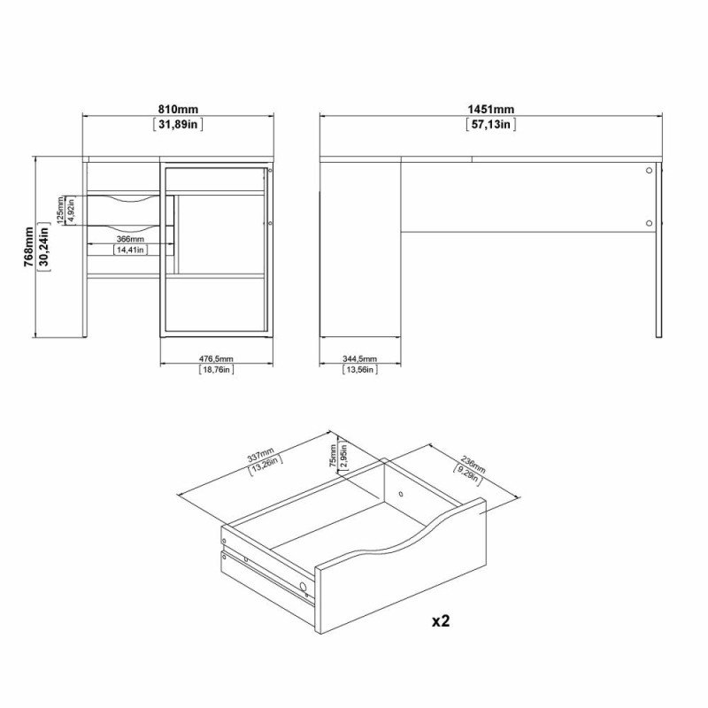 Function Plus γραφείο γωνιακό με δύο συρτάρια 145,1x81x76,8εκ. Λευκό / Jackson Hickory