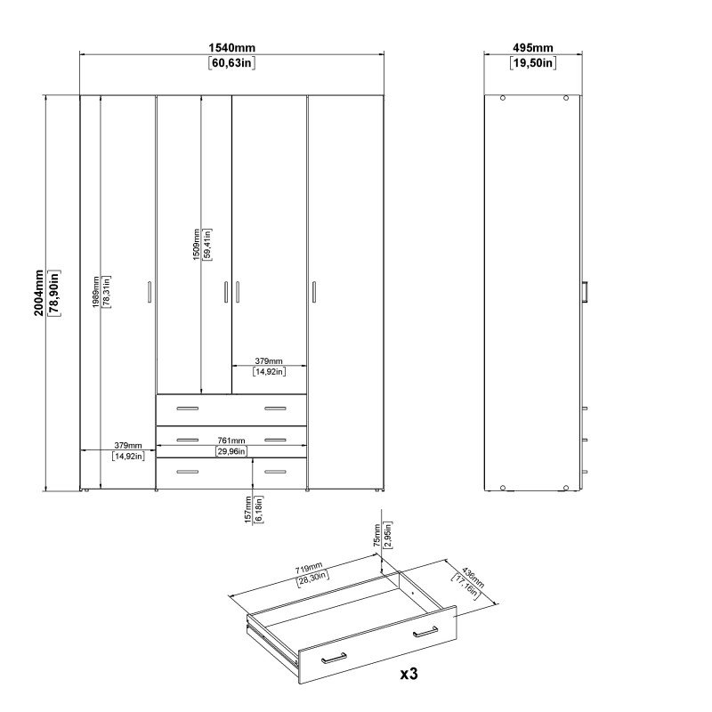 Space ντουλάπα με 4 πόρτες και 3 συρτάρια 154x49,5x200,4εκ. Δρυς
