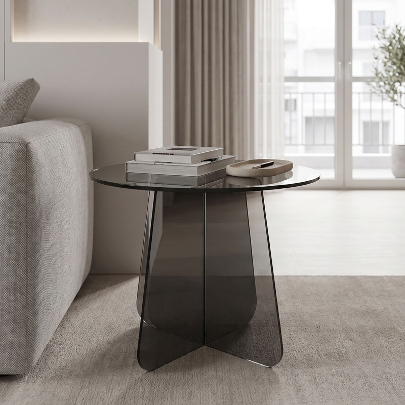 Τραπέζι βοηθητικό Cleary pakoworld tempered 8mm γυαλί ανθρακί Φ50x45εκ