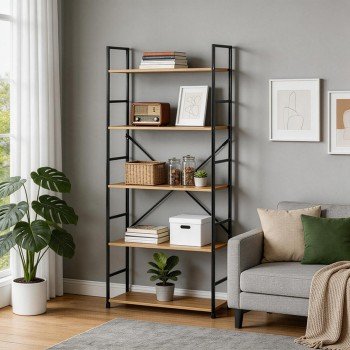 Βιβλιοθήκη Manlo pakoworld oak με μαύρο μέταλλο 58.6x23.5x144εκ