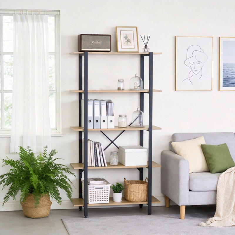 Βιβλιοθήκη Nebranzo pakoworld oak με μαύρο μέταλλο 80x34x155.3εκ