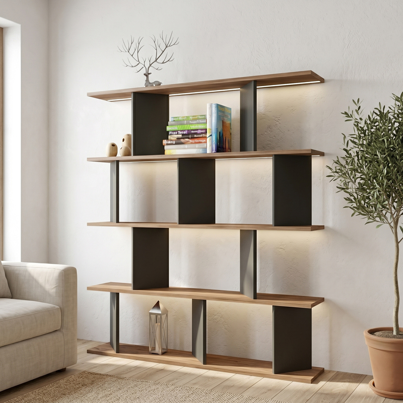 Βιβλιοθήκη Ratu pakoworld ανθρακί με oak 120x24,6x141εκ Βιβλιοθήκη Ratu pakoworld ανθρακί με oak 120x24,6x141εκ