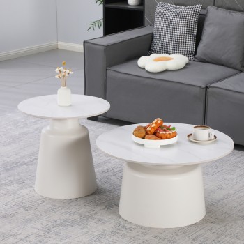 Τραπέζια σαλονιού Dualis pakoworld σετ 2 τεμ μέταλλο-sintered stone σε λευκό μαμρμάρου