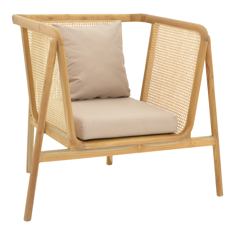 Πολυθρόνα Jenta pakoworld teak ξύλο με rattan σε φυσική απόχρωση και μπεζ μαξιλάρι 72x67x92εκ Πολυθρόνα Jenta pakoworld teak ξύλο με rattan σε φυσική απόχρωση και μπεζ μαξιλάρι 72x67x92εκ