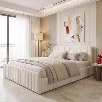 Κρεβάτι διπλό Myrelia pakoworld γκρι μπεζ ύφασμα 160x200εκ