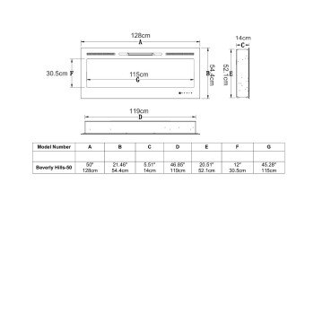 Hitense  Beverly Hills-50 Επιτοίχιο Ηλεκτρικό Τζάκι 1600W 128x14cm 