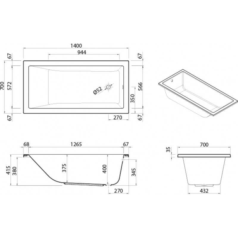 Sanitana Cubic Λουτήρας 140X70X40Β 54314070 (3 άτοκες δόσεις)
